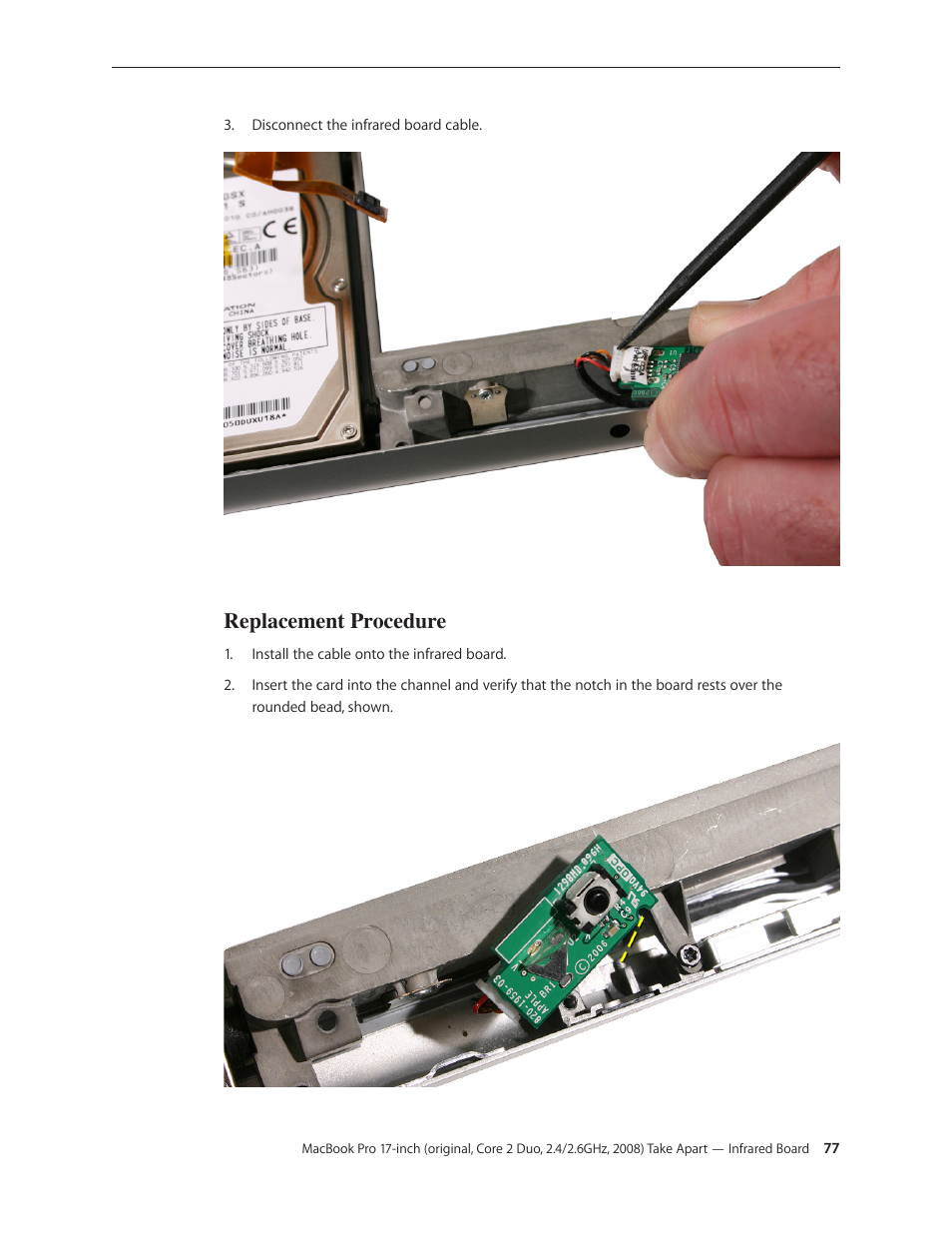 Replacement procedure, Replacement procedure 77 | Apple MacBook Pro 17-inch (original, Core 2 Duo, 2.4GHz, Late 2007 CTO, Early 2008, and Late 2008) User Manual | Page 77 / 204