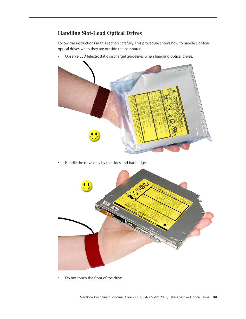 Handling slot-load optical drives, Handling slot-load optical drives 84 | Apple MacBook Pro 17-inch (original, Core 2 Duo, 2.4GHz, Late 2007 CTO, Early 2008, and Late 2008) User Manual | Page 84 / 204