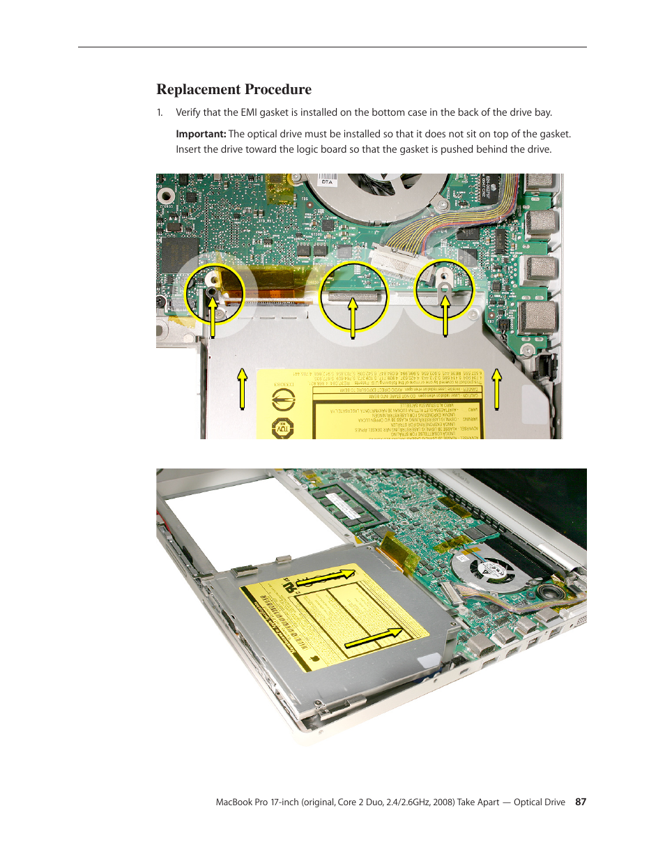 Replacement procedure, Replacement procedure 87 | Apple MacBook Pro 17-inch (original, Core 2 Duo, 2.4GHz, Late 2007 CTO, Early 2008, and Late 2008) User Manual | Page 87 / 204