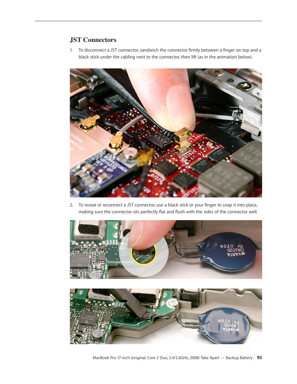 Jst connectors | Apple MacBook Pro 17-inch (original, Core 2 Duo, 2.4GHz, Late 2007 CTO, Early 2008, and Late 2008) User Manual | Page 93 / 204