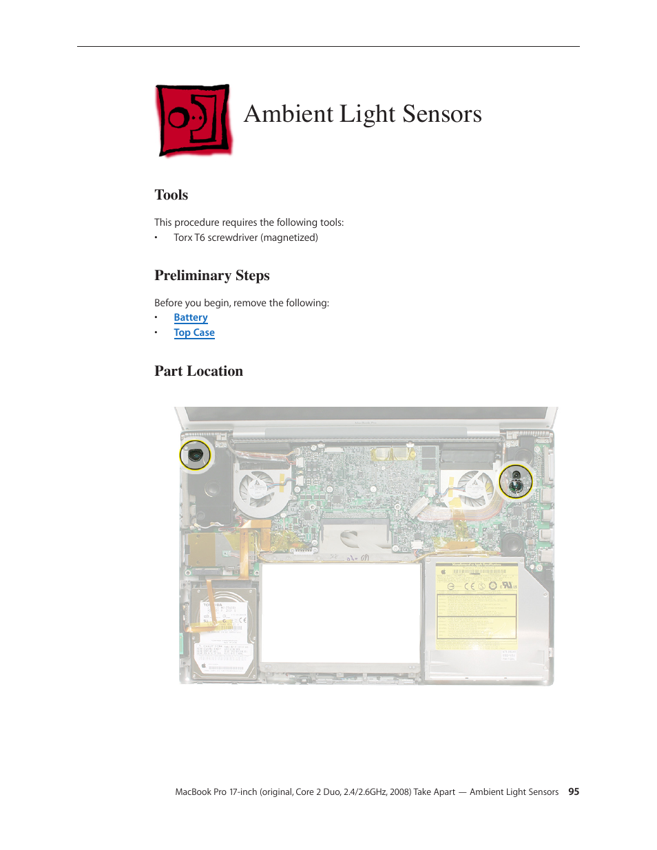 Ambient light sensors, Ambient light sensors 95, Tools | Preliminary steps, Part location | Apple MacBook Pro 17-inch (original, Core 2 Duo, 2.4GHz, Late 2007 CTO, Early 2008, and Late 2008) User Manual | Page 95 / 204