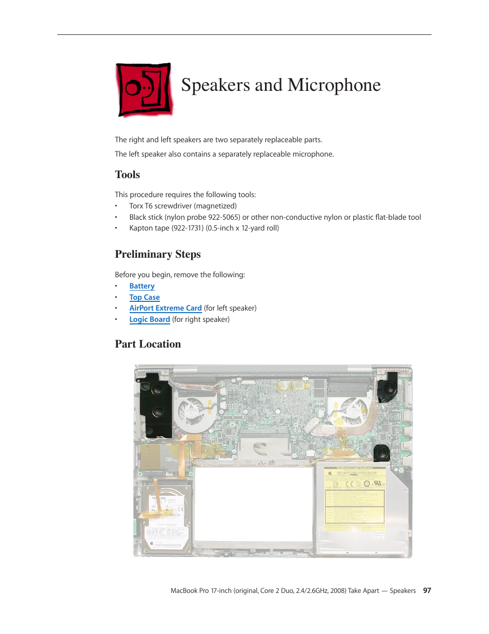 Speakers and microphone, Speakers and microphone 97, Tools | Preliminary steps, Part location | Apple MacBook Pro 17-inch (original, Core 2 Duo, 2.4GHz, Late 2007 CTO, Early 2008, and Late 2008) User Manual | Page 97 / 204