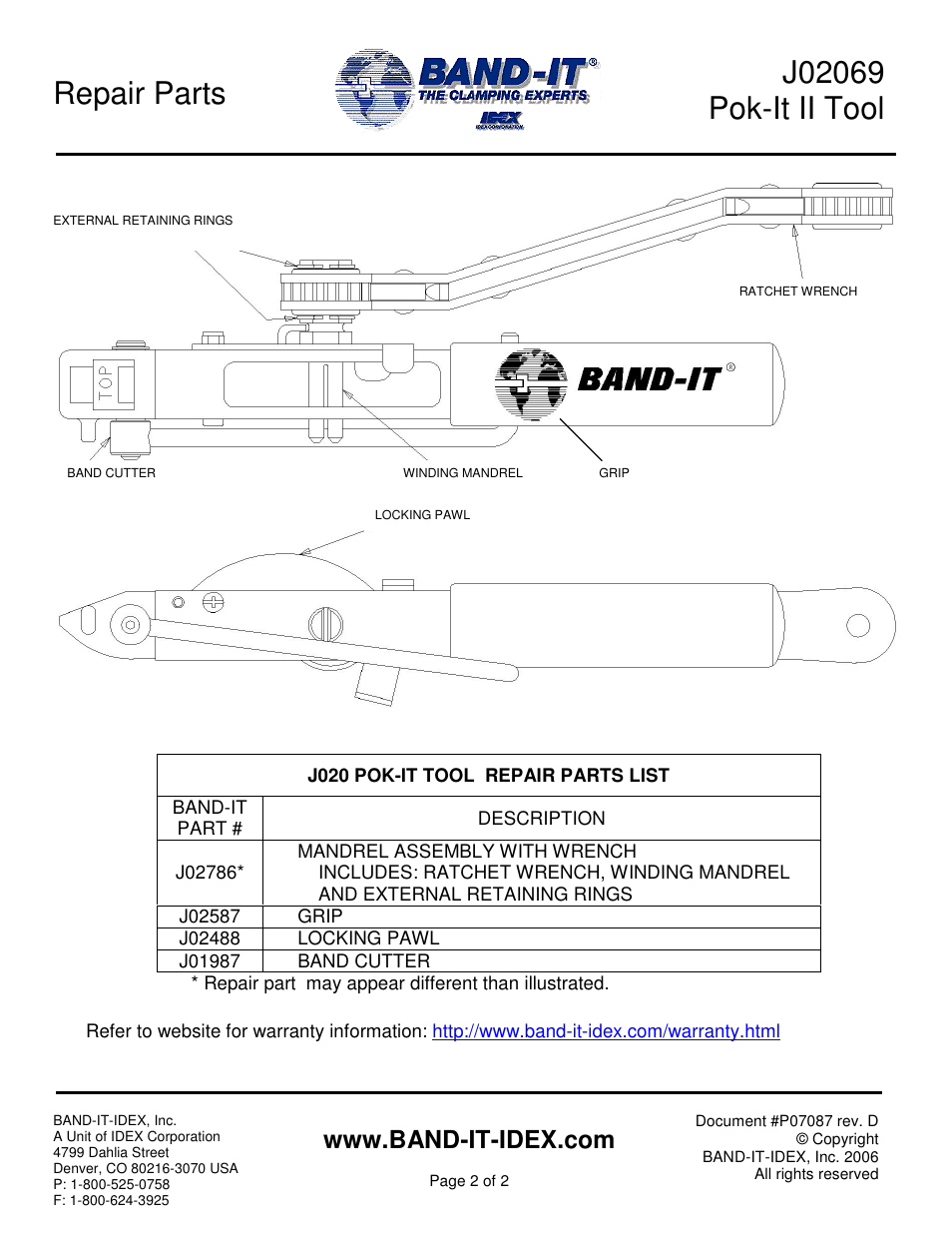 Repair parts | BAND-IT J02069 Pok-It II Tool User Manual | Page 2 / 2