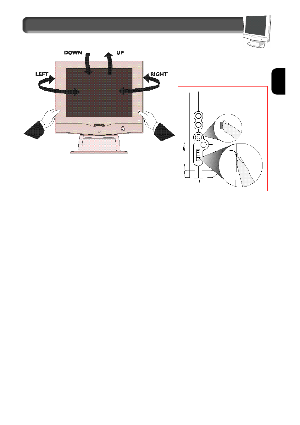 E n description of controls, Pedestal, Using the side panel osd button | Philips 150B User Manual | Page 7 / 22