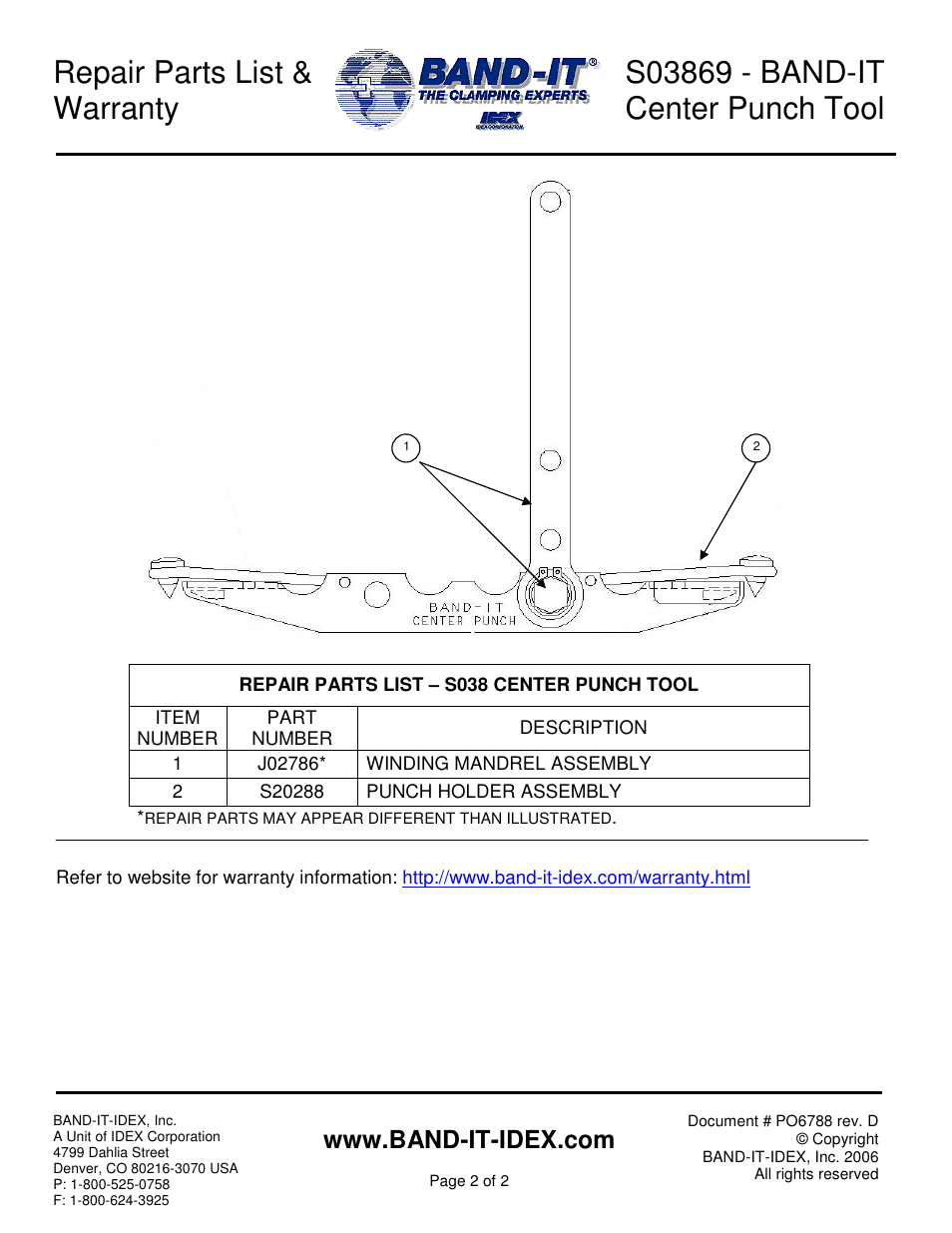 Repair parts list & warranty | BAND-IT S03869 Center Punch Tool User Manual | Page 2 / 2