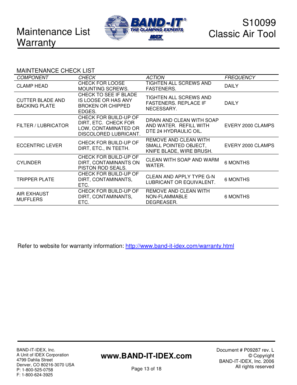 Maintenance list warranty | BAND-IT S100 Classic Air Tool User Manual | Page 13 / 18