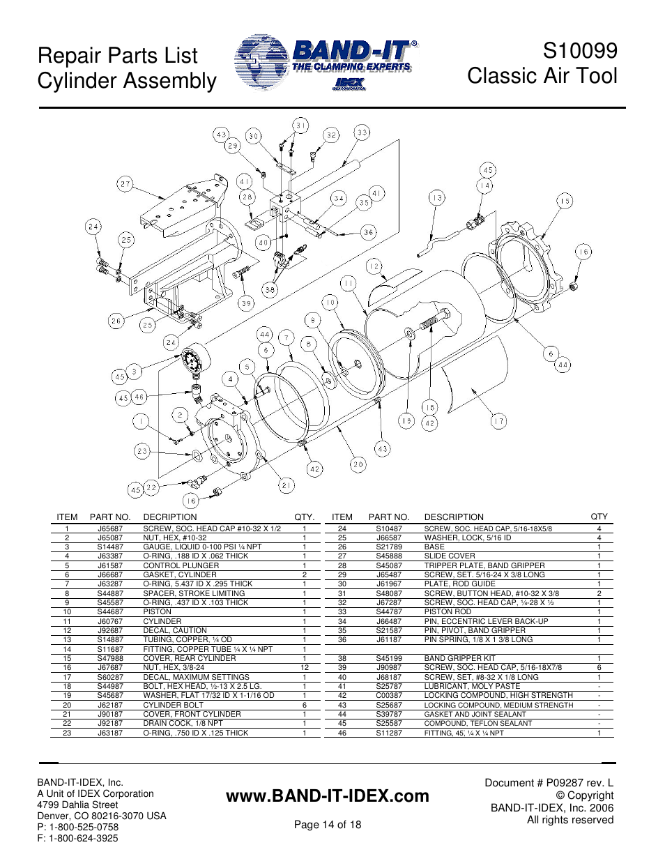 Repair parts list cylinder assembly, Page 14 of 18 | BAND-IT S100 Classic Air Tool User Manual | Page 14 / 18