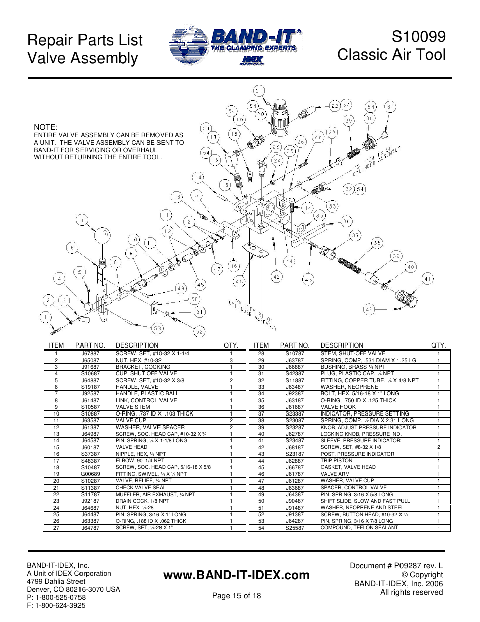 Repair parts list valve assembly, Page 15 of 18 | BAND-IT S100 Classic Air Tool User Manual | Page 15 / 18