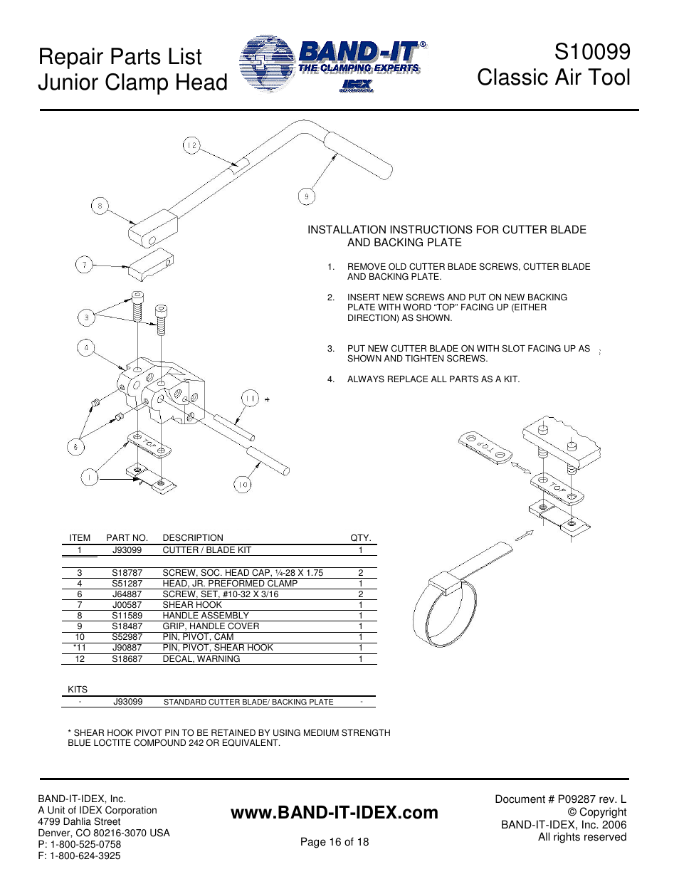 Repair parts list junior clamp head | BAND-IT S100 Classic Air Tool User Manual | Page 16 / 18