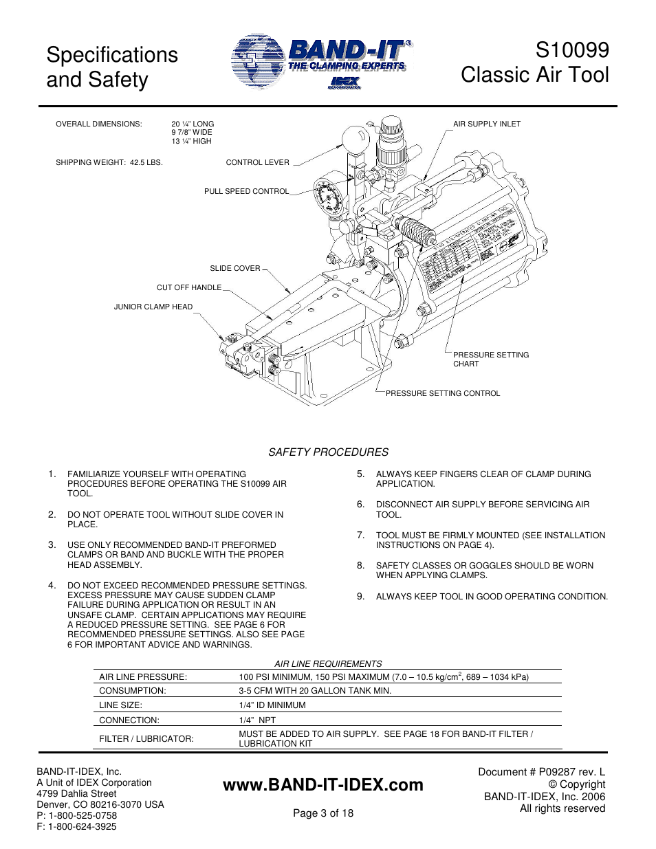 Specifications and safety | BAND-IT S100 Classic Air Tool User Manual | Page 3 / 18