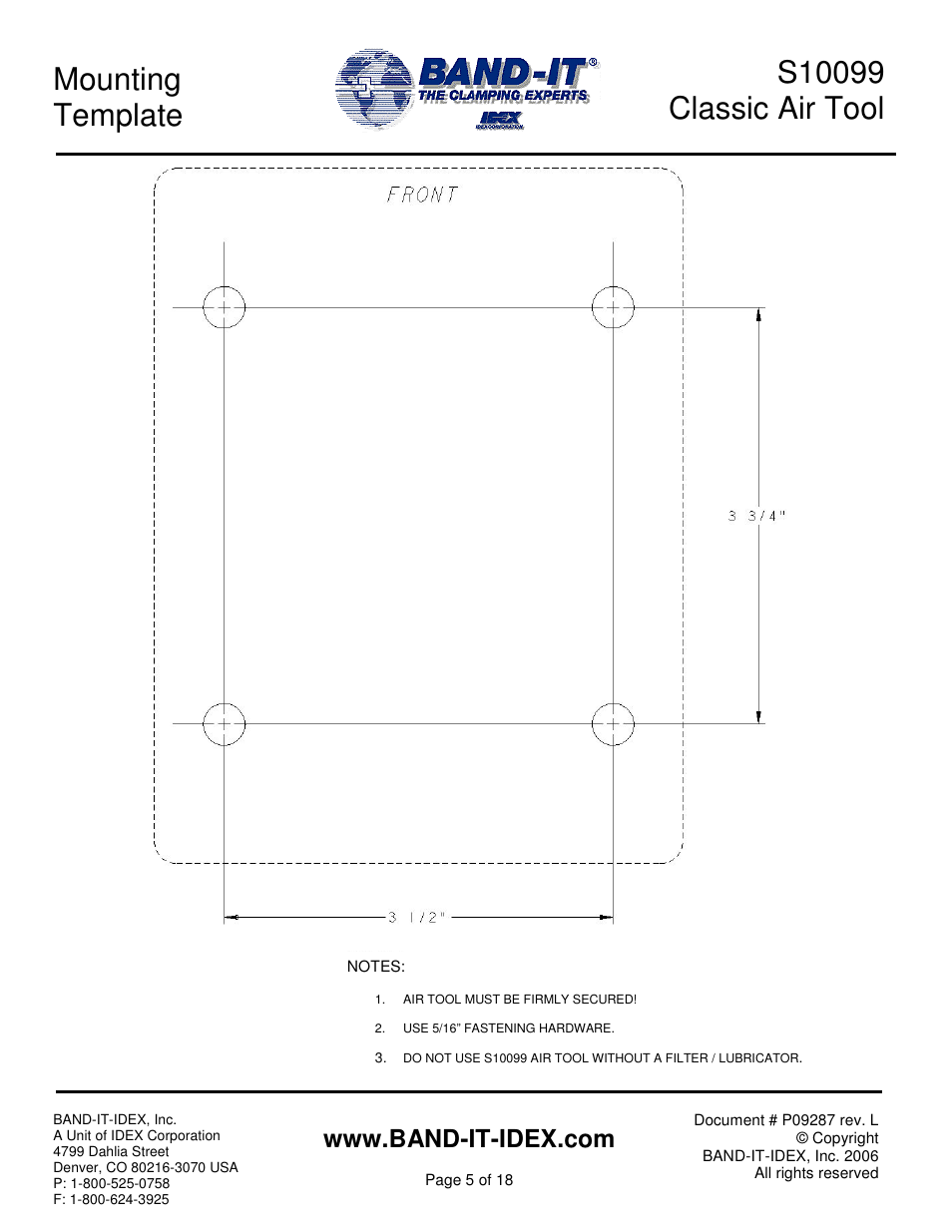 Mounting template | BAND-IT S100 Classic Air Tool User Manual | Page 5 / 18