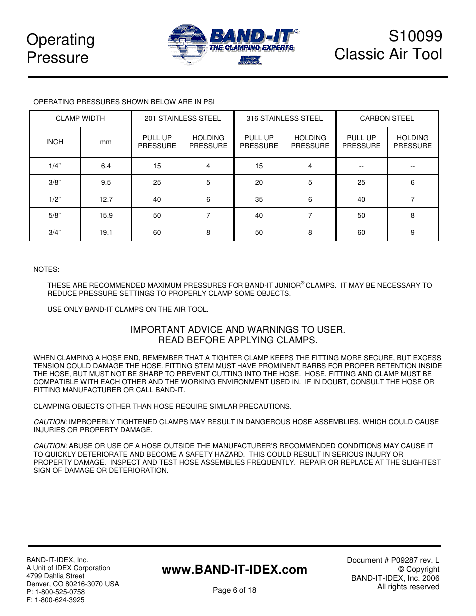 Operating pressure | BAND-IT S100 Classic Air Tool User Manual | Page 6 / 18