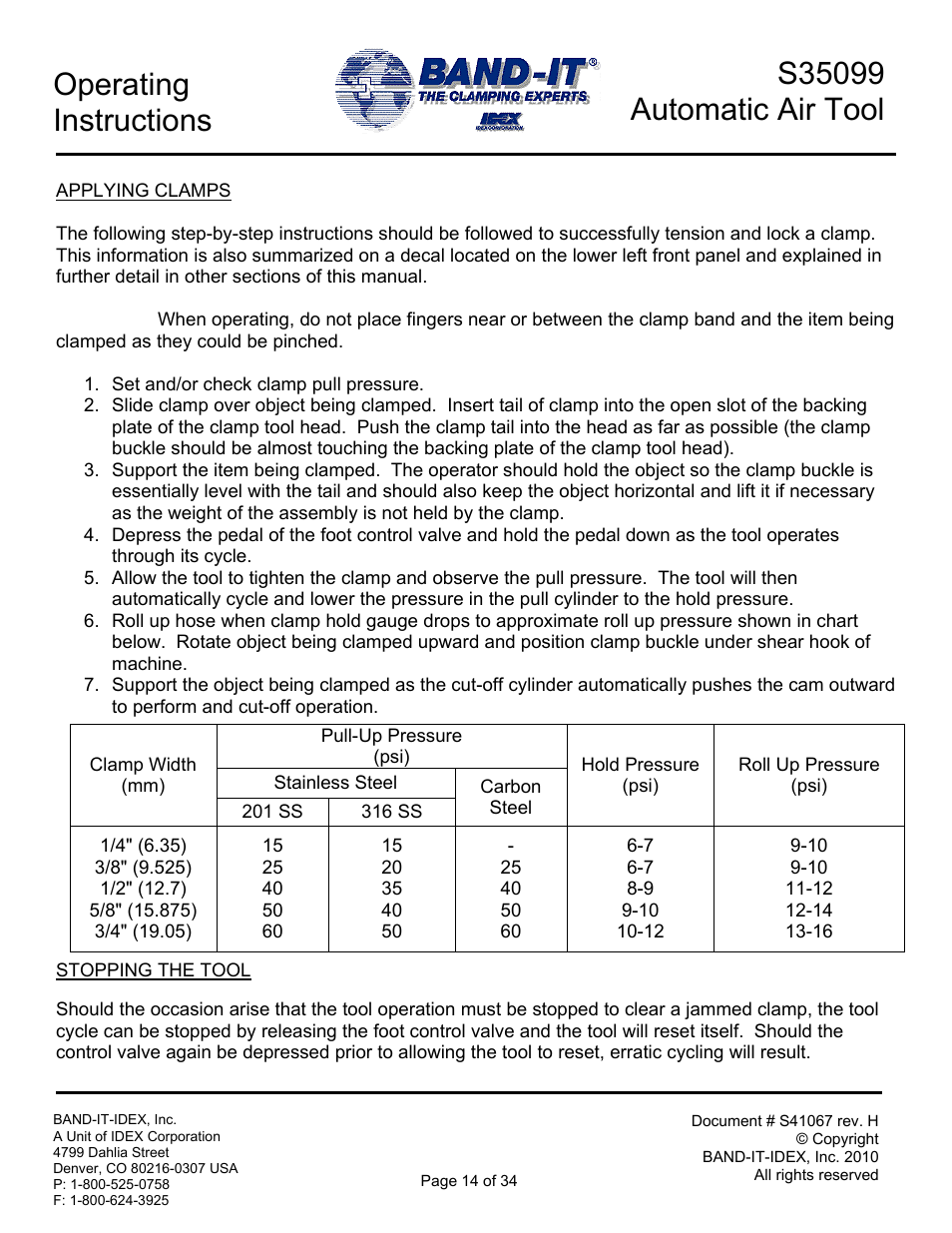 Operating instructions | BAND-IT S35099 Automatic Air Tool User Manual | Page 14 / 34