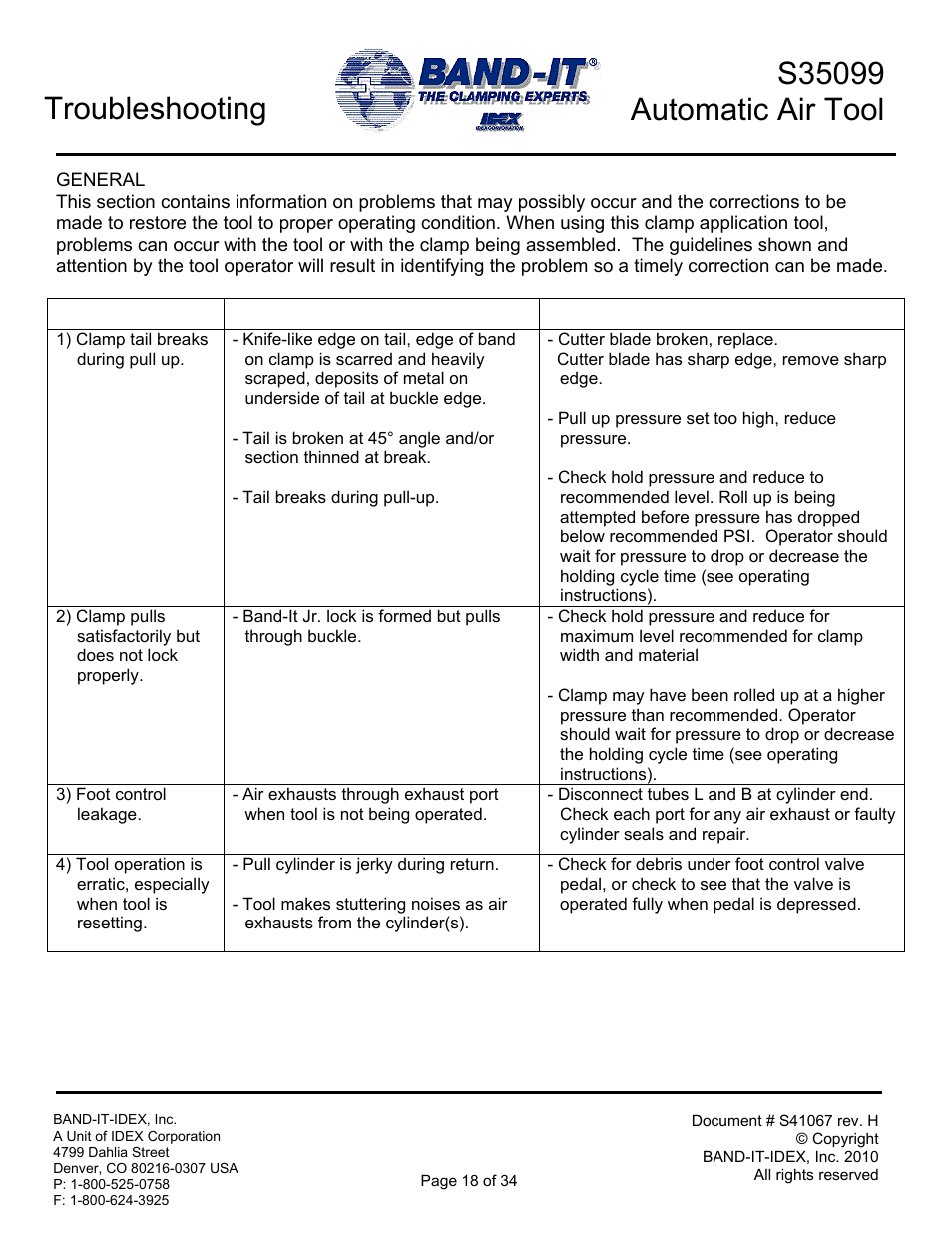 Troubleshooting | BAND-IT S35099 Automatic Air Tool User Manual | Page 18 / 34