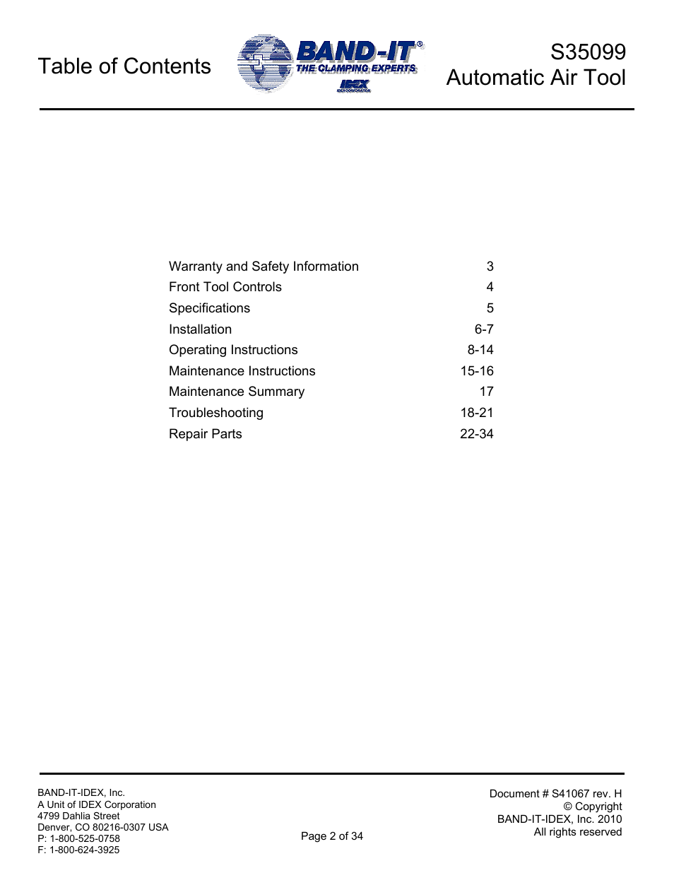 BAND-IT S35099 Automatic Air Tool User Manual | Page 2 / 34