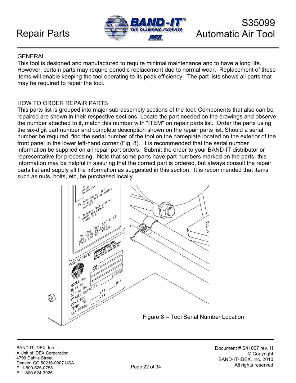 Repair parts | BAND-IT S35099 Automatic Air Tool User Manual | Page 22 / 34