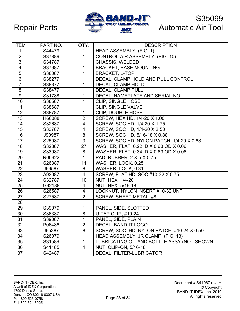 Repair parts | BAND-IT S35099 Automatic Air Tool User Manual | Page 23 / 34