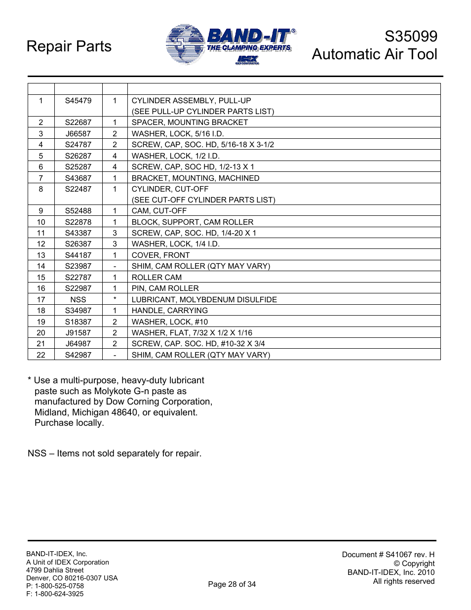 Repair parts | BAND-IT S35099 Automatic Air Tool User Manual | Page 28 / 34