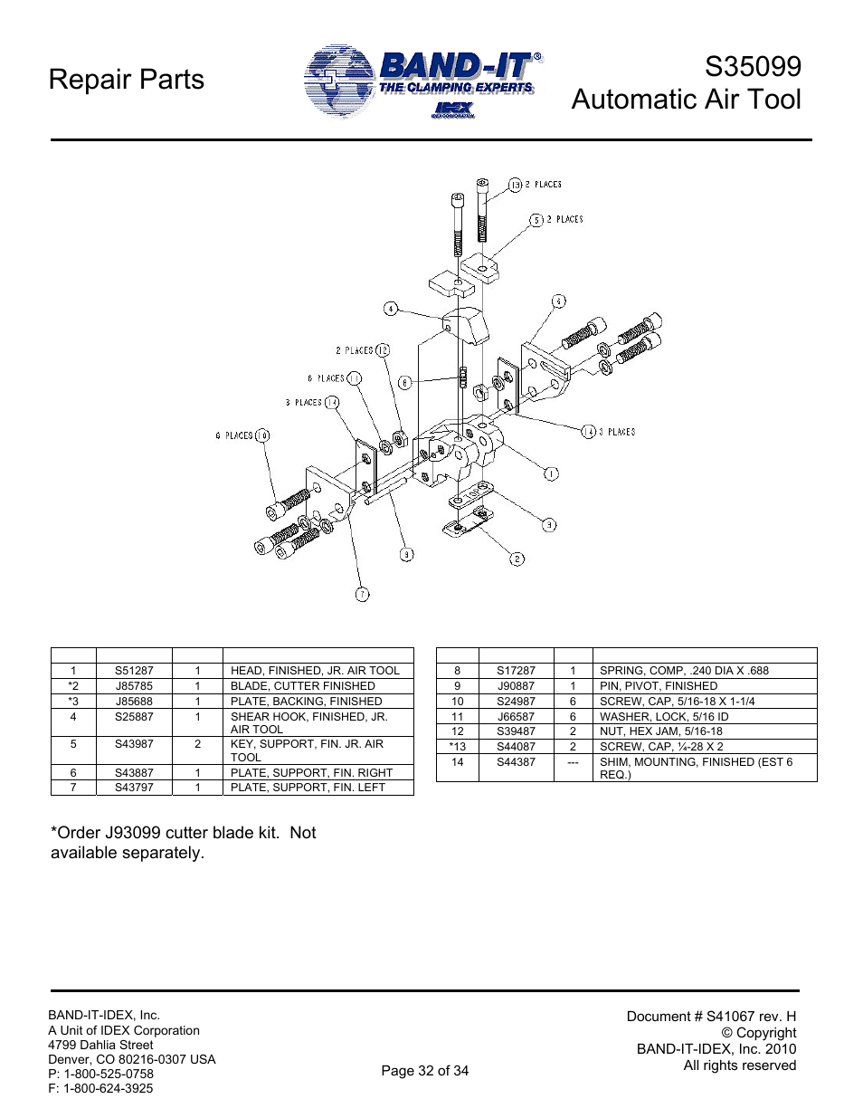 Repair parts | BAND-IT S35099 Automatic Air Tool User Manual | Page 32 / 34