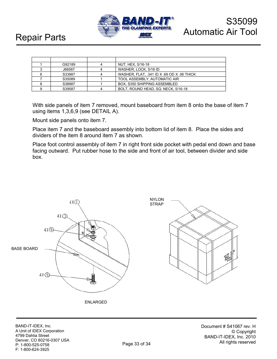 Repair parts | BAND-IT S35099 Automatic Air Tool User Manual | Page 33 / 34