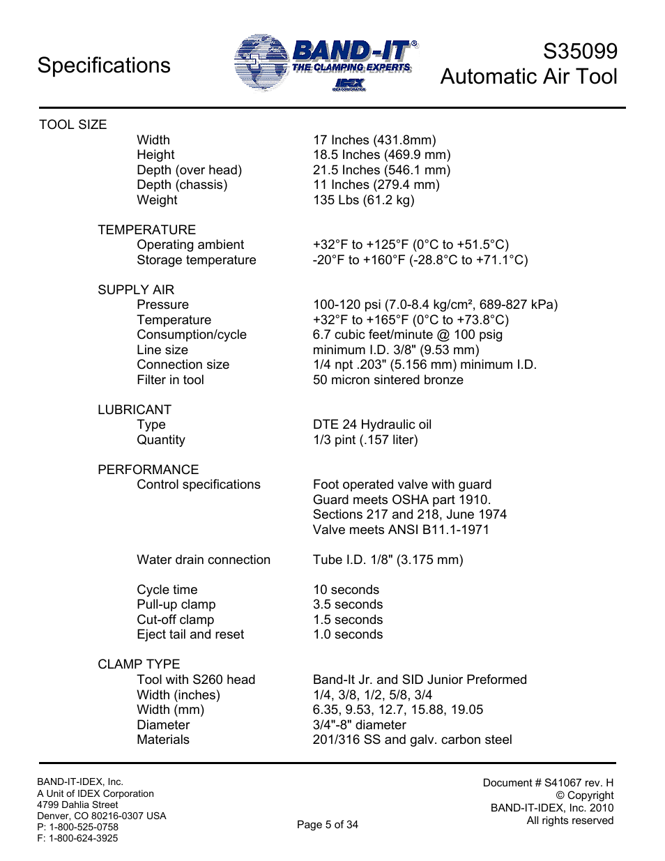 Specifications | BAND-IT S35099 Automatic Air Tool User Manual | Page 5 / 34