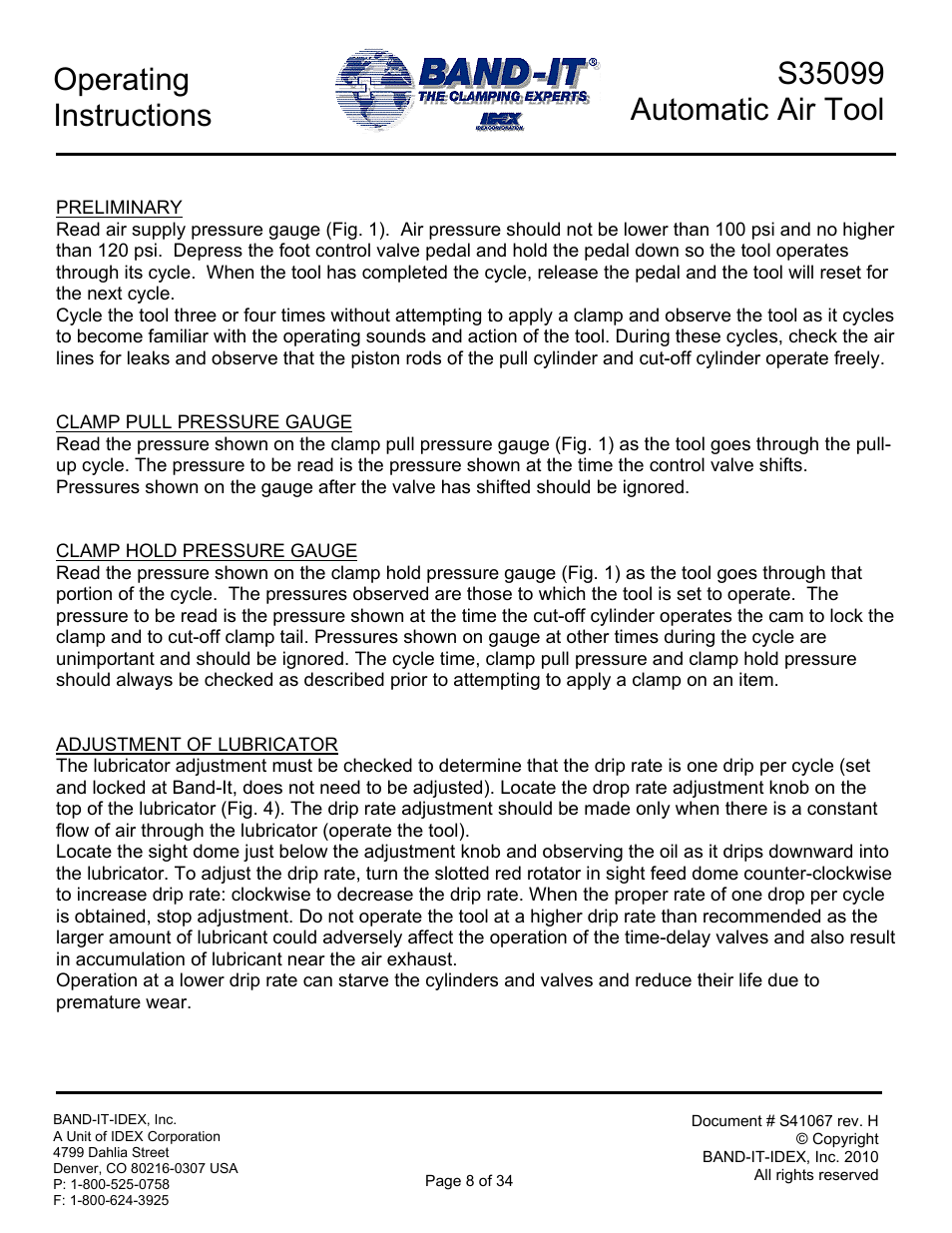 Operating instructions | BAND-IT S35099 Automatic Air Tool User Manual | Page 8 / 34