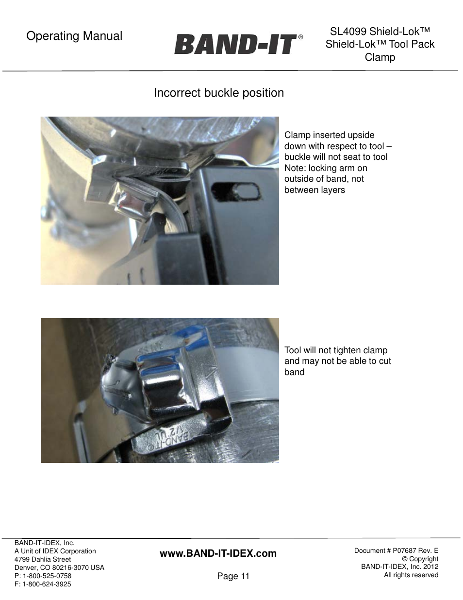 Operating manual incorrect buckle position | BAND-IT Shield-Lok Clamp User Manual | Page 11 / 15