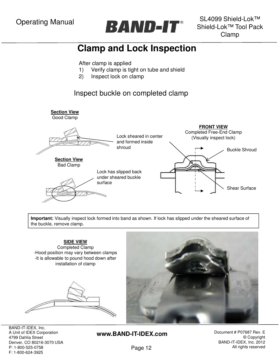 Clamp and lock inspection, Operating manual, Inspect buckle on completed clamp | Sl4099 shield-lok™ shield-lok™ tool pack clamp | BAND-IT Shield-Lok Clamp User Manual | Page 12 / 15
