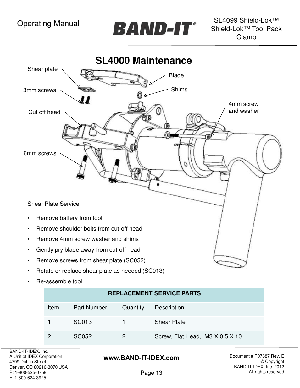 Sl4000 maintenance, Operating manual | BAND-IT Shield-Lok Clamp User Manual | Page 13 / 15