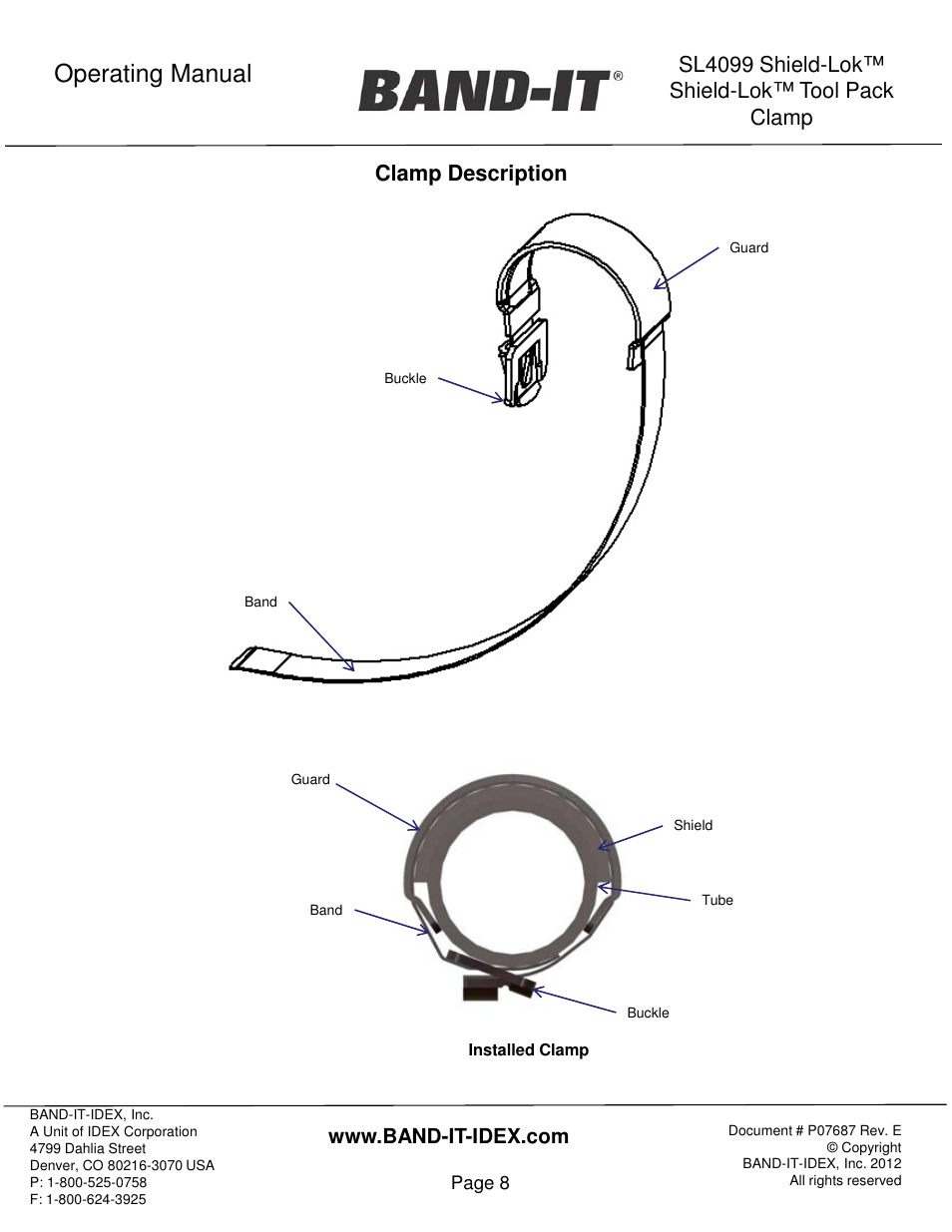 Operating manual, Sl4099 shield-lok™ shield-lok™ tool pack clamp, Clamp description | BAND-IT Shield-Lok Clamp User Manual | Page 8 / 15