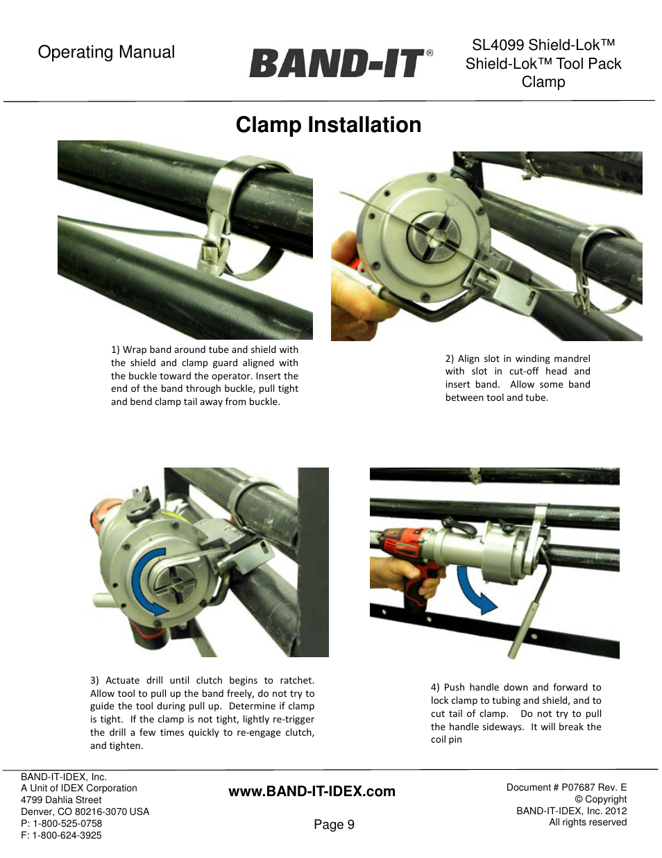 Clamp installation, Operating manual, Sl4099 shield-lok™ shield-lok™ tool pack clamp | BAND-IT Shield-Lok Clamp User Manual | Page 9 / 15