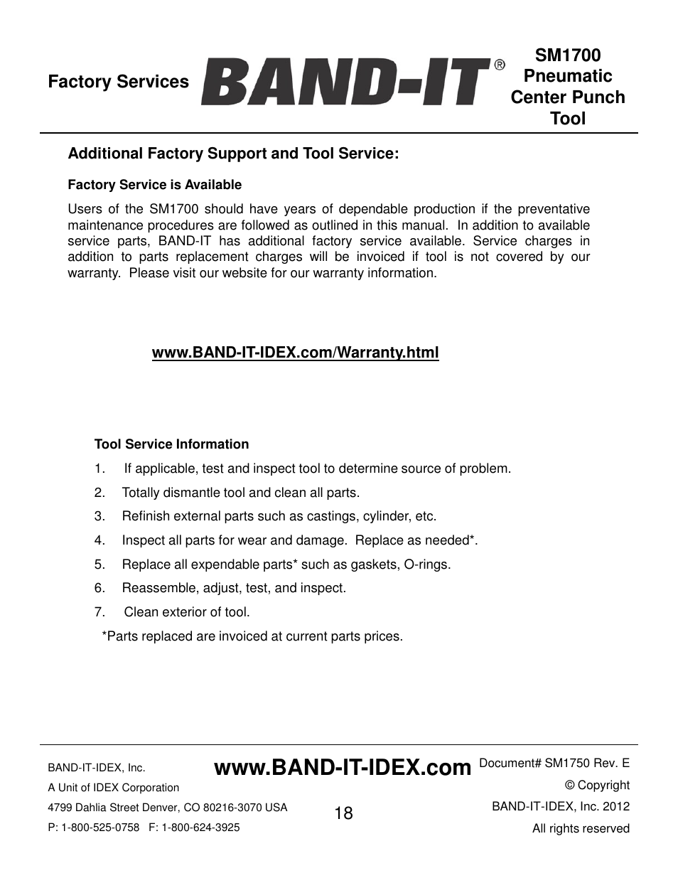 Factory services | BAND-IT SM1700 Pneumatic Center Punch Tool User Manual | Page 18 / 18