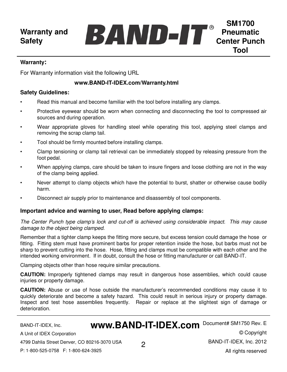 Warranty and safety | BAND-IT SM1700 Pneumatic Center Punch Tool User Manual | Page 2 / 18