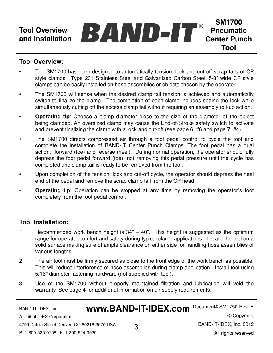 Tool overview and installation | BAND-IT SM1700 Pneumatic Center Punch Tool User Manual | Page 3 / 18