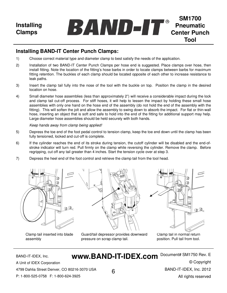 Installing clamps, Installing band-it center punch clamps | BAND-IT SM1700 Pneumatic Center Punch Tool User Manual | Page 6 / 18