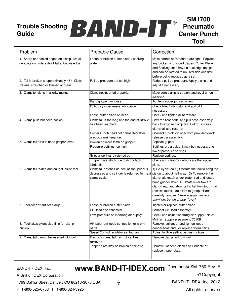 Trouble shooting guide, Problem probable cause correction | BAND-IT SM1700 Pneumatic Center Punch Tool User Manual | Page 7 / 18