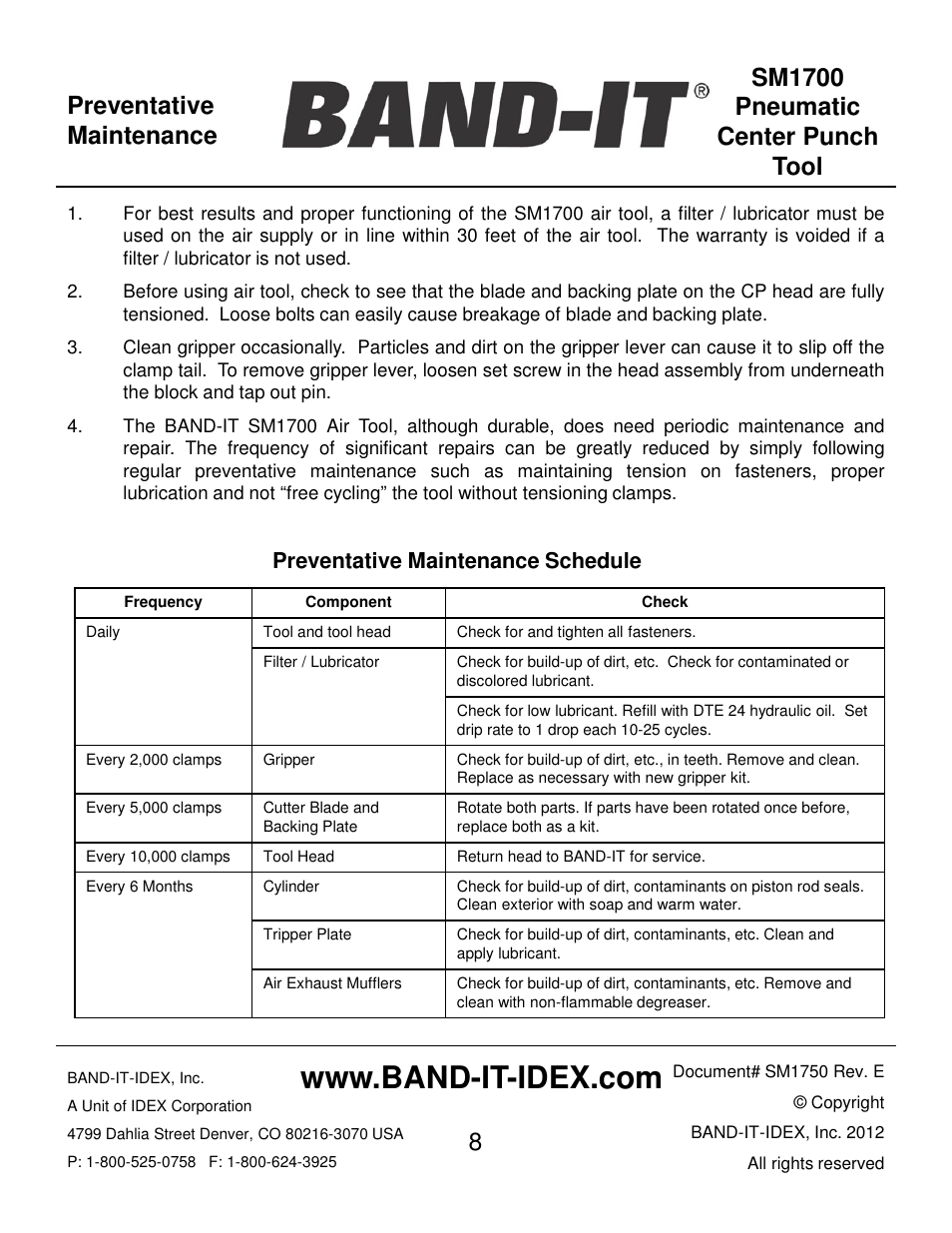 Preventative maintenance, Preventative maintenance schedule | BAND-IT SM1700 Pneumatic Center Punch Tool User Manual | Page 8 / 18