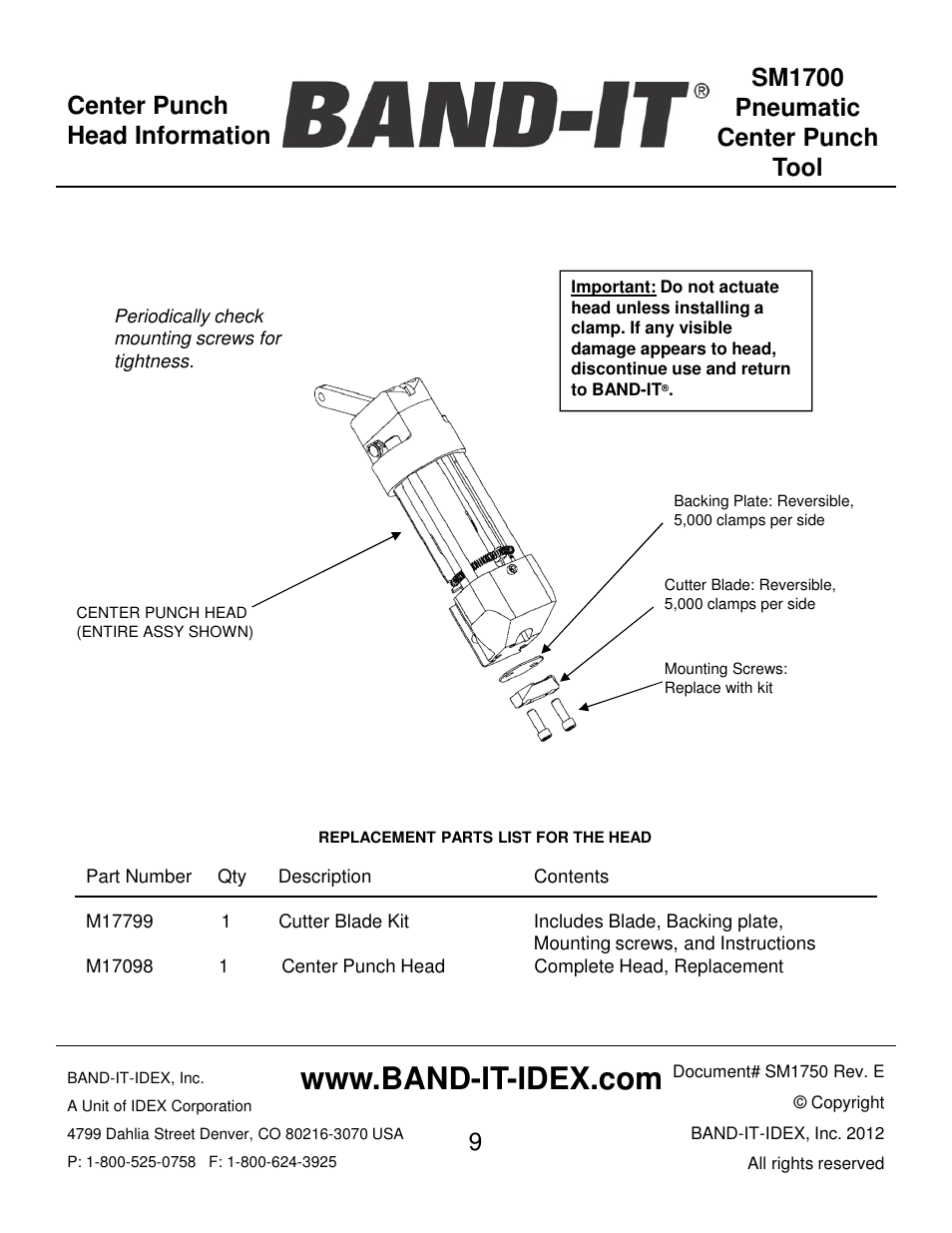 Center punch head information | BAND-IT SM1700 Pneumatic Center Punch Tool User Manual | Page 9 / 18