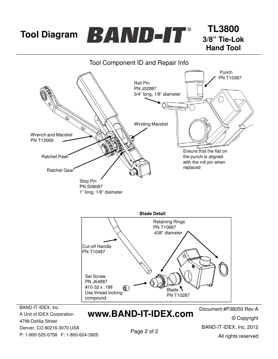 Tl3800, Tool diagram, 3/8” tie-lok hand tool | BAND-IT TL3800 Tie Lok Tool User Manual | Page 2 / 2