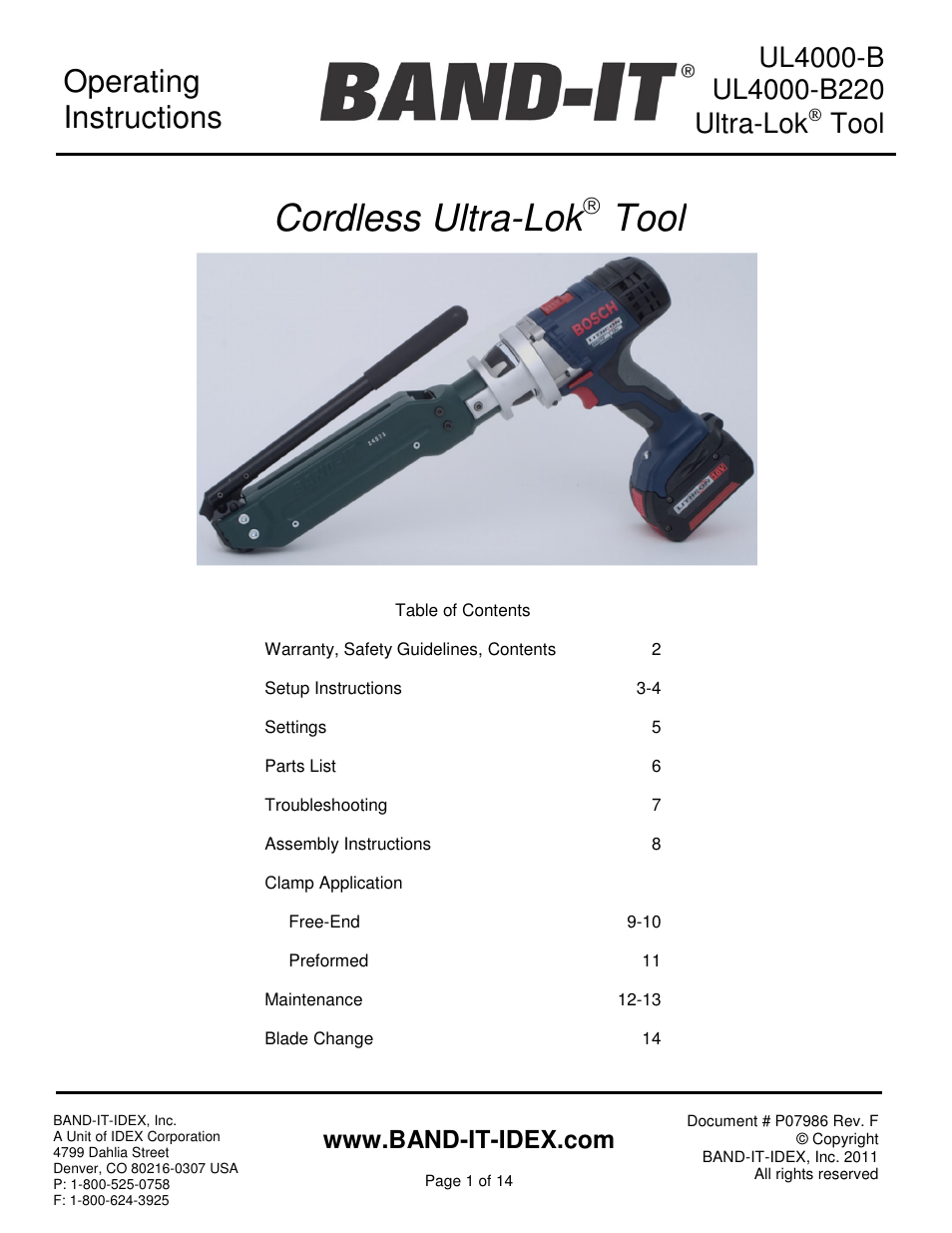 BAND-IT UL4000-B Cordless Ultra-Lok Tool User Manual | 14 pages