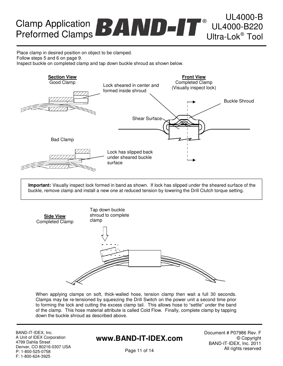 Clamp application preformed clamps, Tool | BAND-IT UL4000-B Cordless Ultra-Lok Tool User Manual | Page 11 / 14