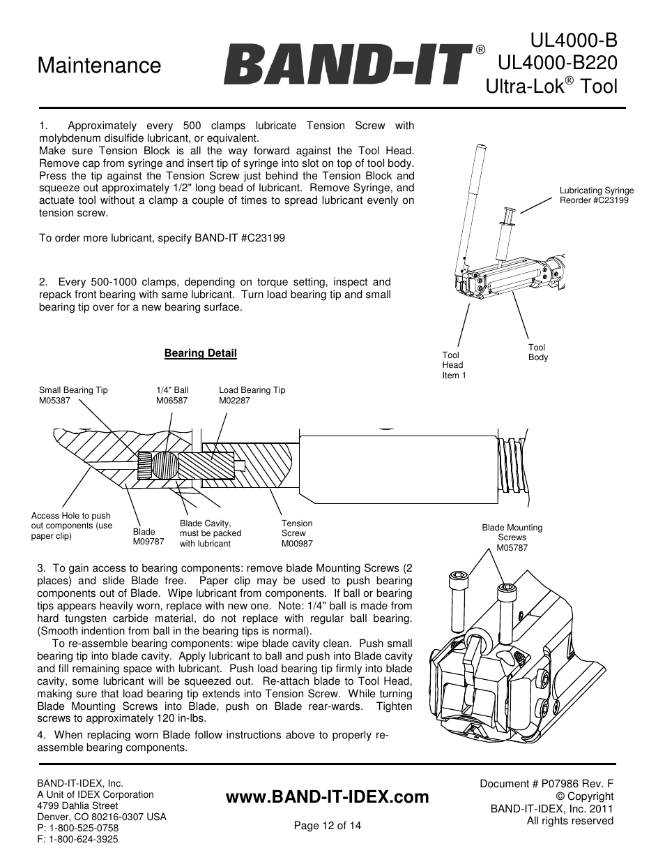 Maintenance, Tool | BAND-IT UL4000-B Cordless Ultra-Lok Tool User Manual | Page 12 / 14