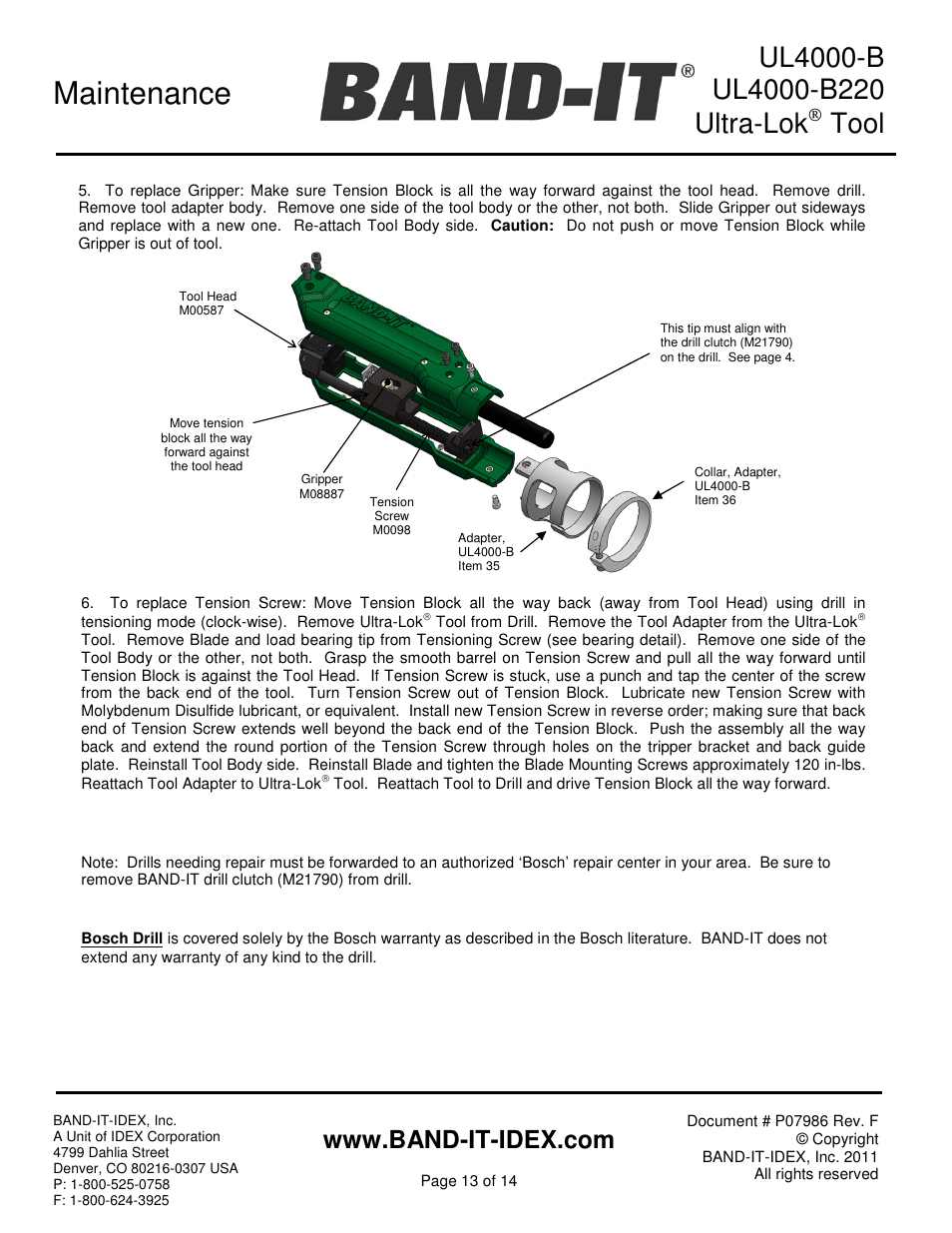 Maintenance, Tool | BAND-IT UL4000-B Cordless Ultra-Lok Tool User Manual | Page 13 / 14