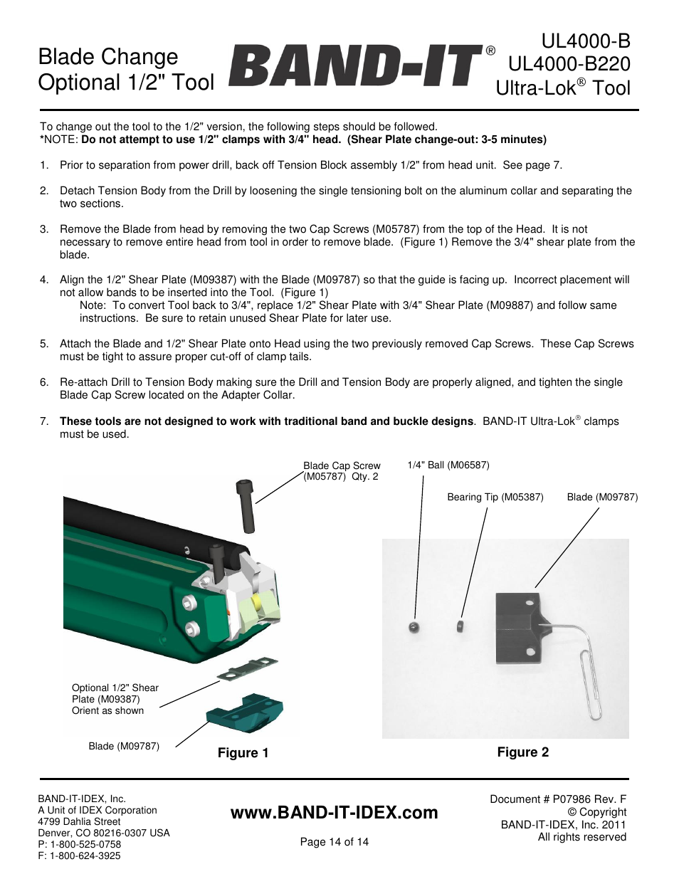 Blade change optional 1/2" tool, Tool | BAND-IT UL4000-B Cordless Ultra-Lok Tool User Manual | Page 14 / 14