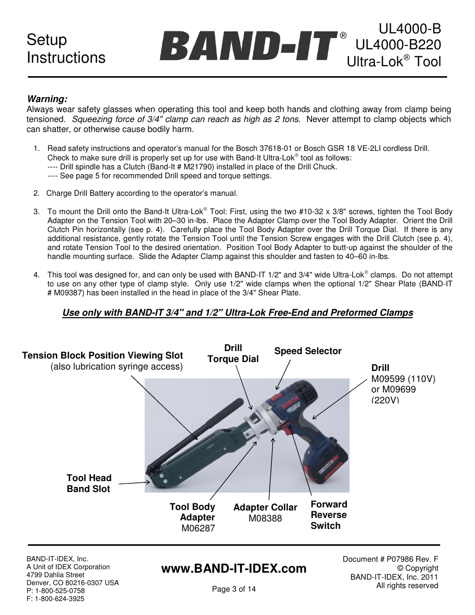 Setup instructions, Tool | BAND-IT UL4000-B Cordless Ultra-Lok Tool User Manual | Page 3 / 14