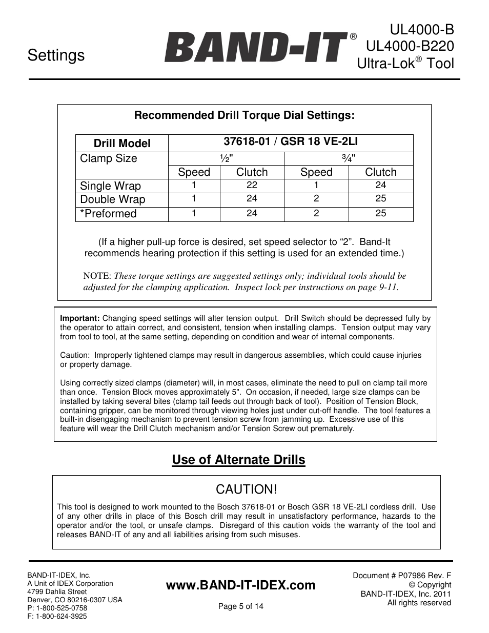 Settings, Tool, Caution | Use of alternate drills | BAND-IT UL4000-B Cordless Ultra-Lok Tool User Manual | Page 5 / 14