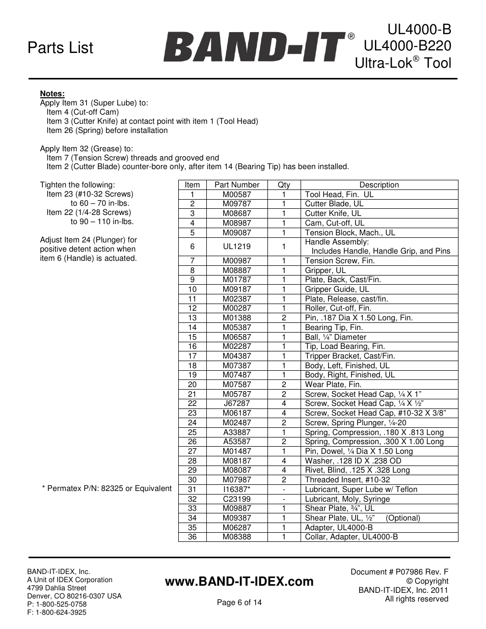 Parts list, Tool | BAND-IT UL4000-B Cordless Ultra-Lok Tool User Manual | Page 6 / 14