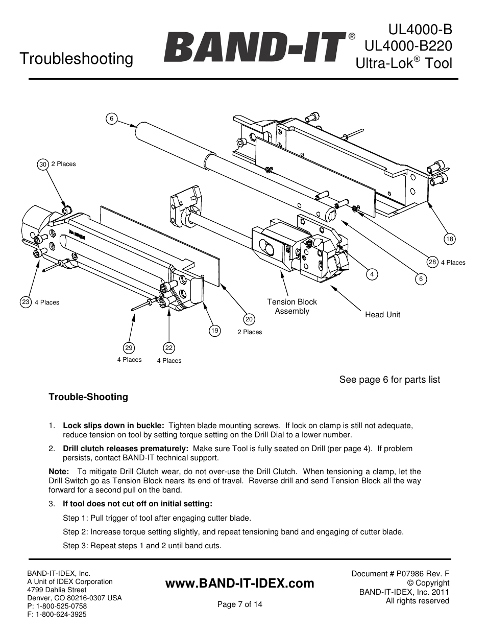 Troubleshooting, Tool | BAND-IT UL4000-B Cordless Ultra-Lok Tool User Manual | Page 7 / 14