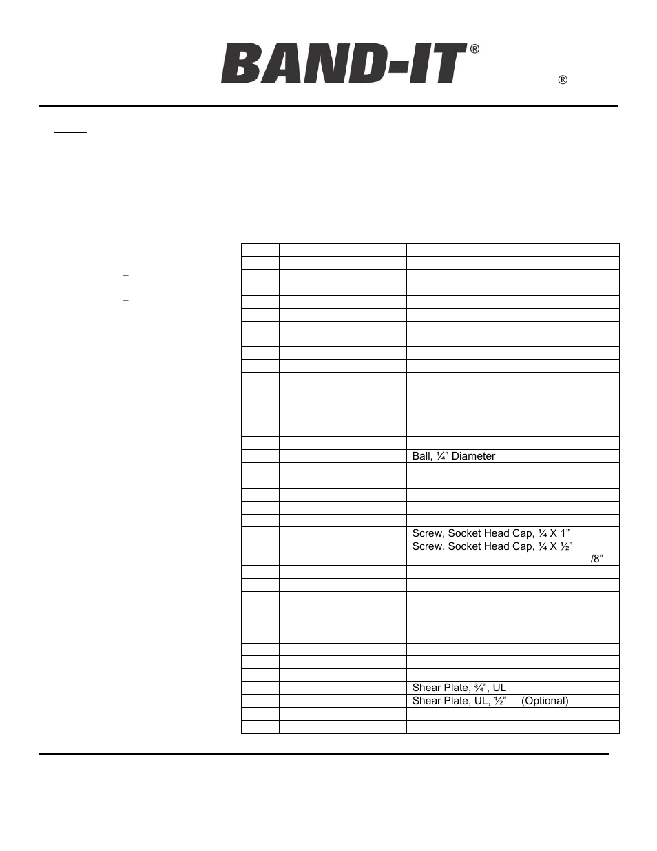 Parts list | BAND-IT UL4000-C Cordless Ultra-Lok Tool User Manual | Page 6 / 14