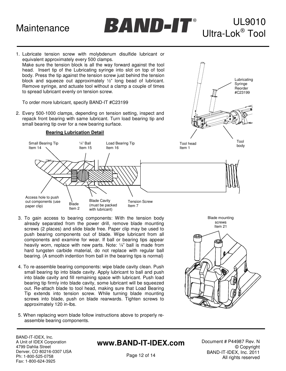 Ul9010 ultra-lok, Tool, Maintenance | BAND-IT UL9010 Ultra-Lok Tool User Manual | Page 12 / 14